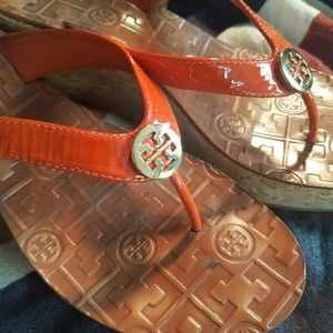 Tory Burch orange leather Thora wedge